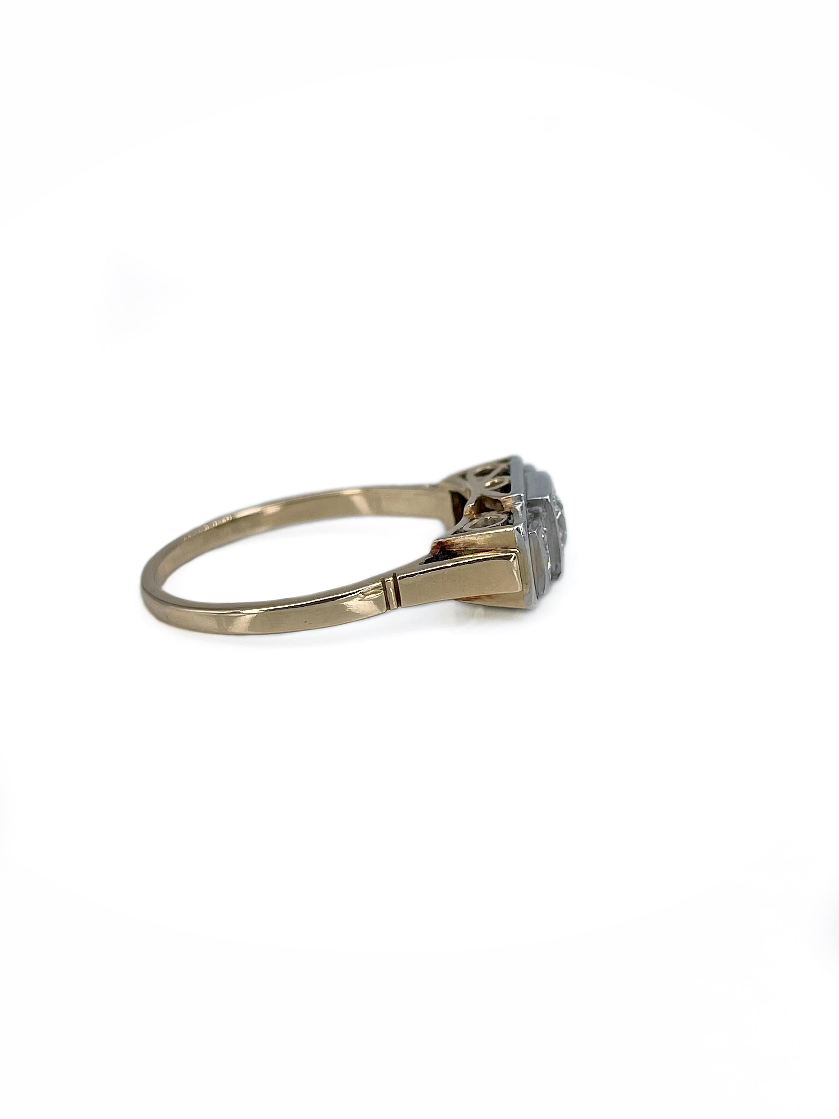 Art Deco 14 Karat Gold Platin 0,42 Karat Diamant-Dreisteinring mit drei Steinen (Rundschliff) im Angebot