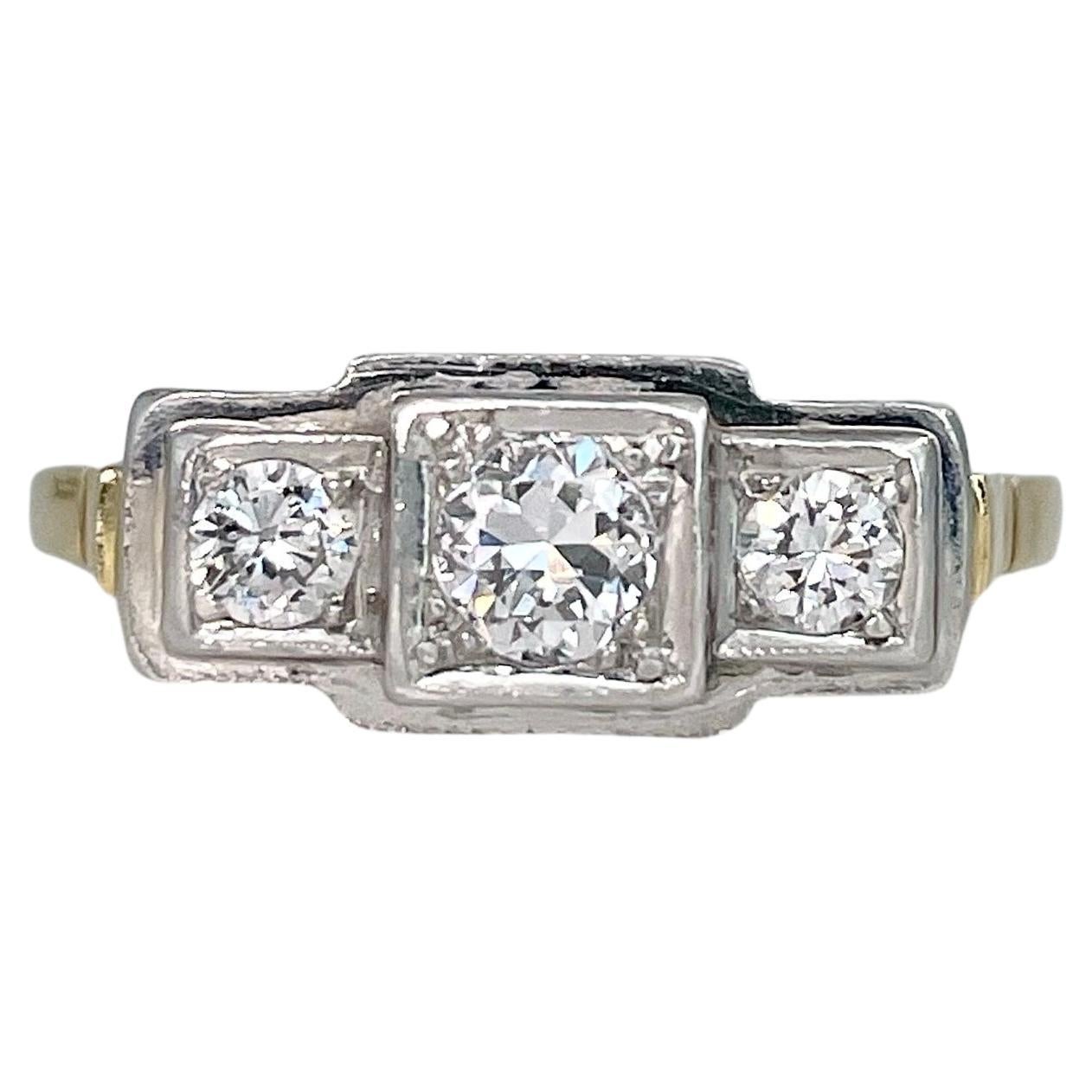 Art Deco 14 Karat Gold Platinum 0.42 Carat Diamond Three Stone Ring For Sale