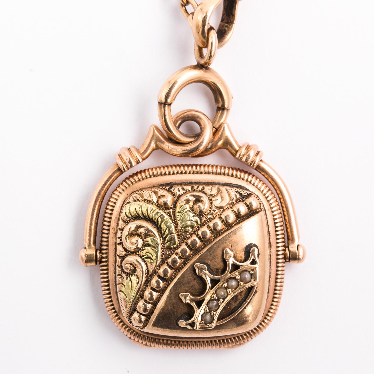 Art Deco 14 Karat Gold Watch Chain With Locket In Good Condition For Sale In St.amford, CT