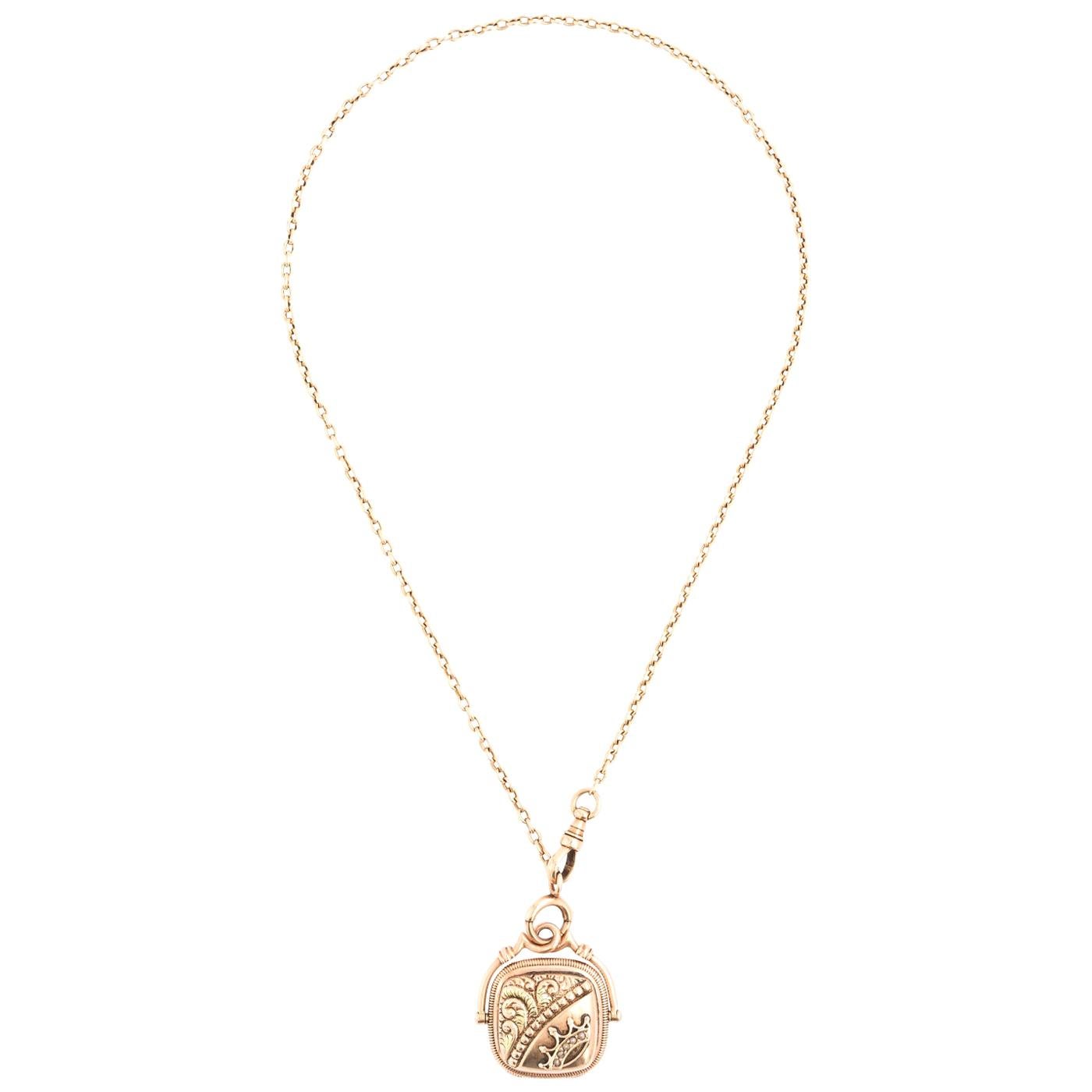 Art Deco 14 Karat Gold Watch Chain With Locket For Sale