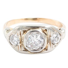 Art Deco 14 Karat Mine Cut Diamond Three-Stone Ring