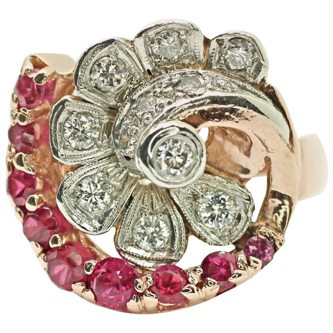 Art Deco Style 14 Karat Rose Gold with Ruby and Diamond Ring