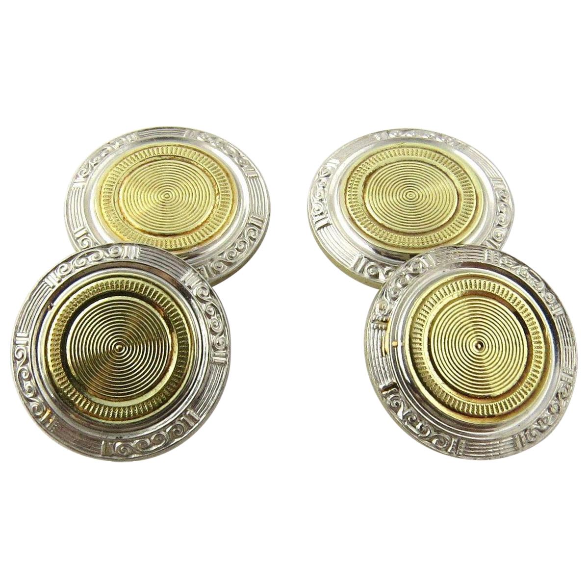 Art Deco 14 Karat White and Gold Two-Toned Engine Turned Cufflinks