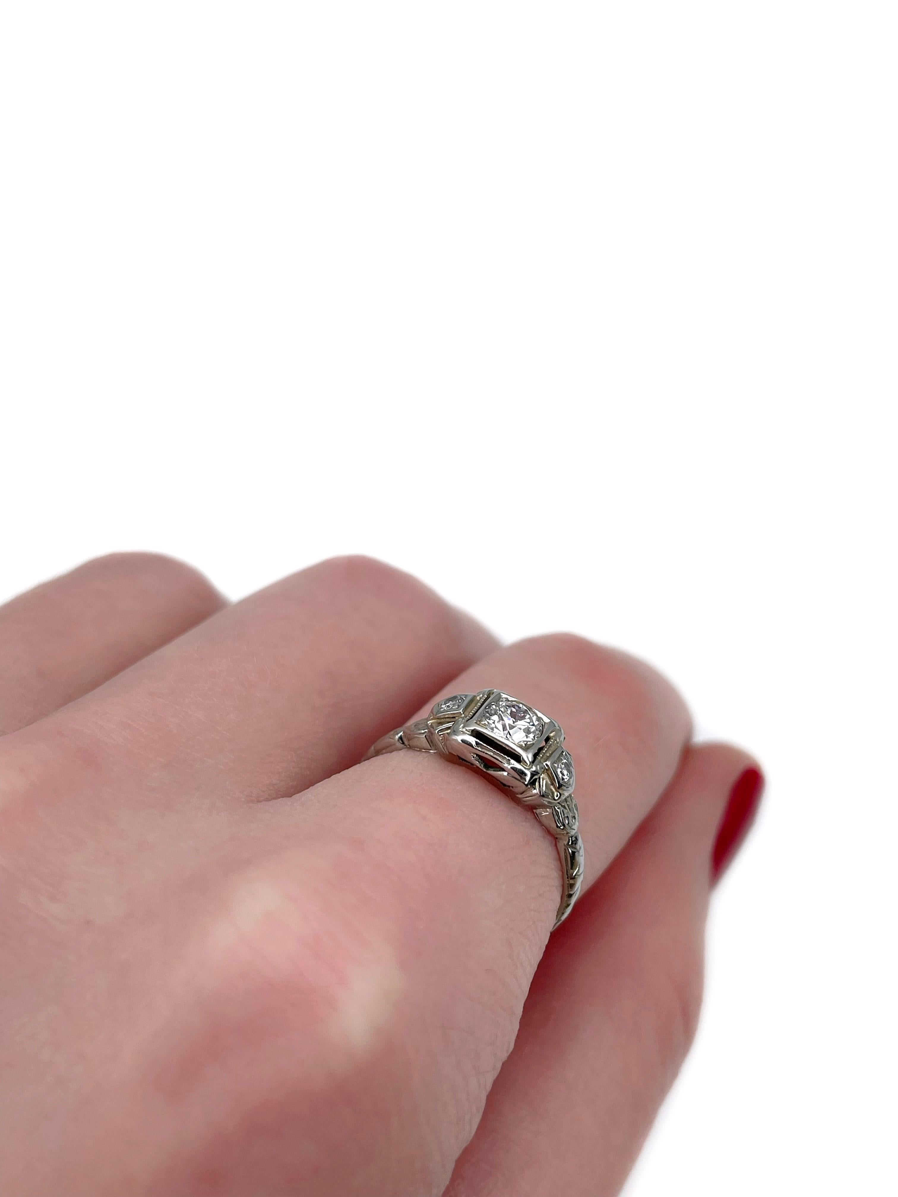 Round Cut Art Deco 14 Karat White Gold 0.32 Carat Diamond Three-Stone Ring For Sale