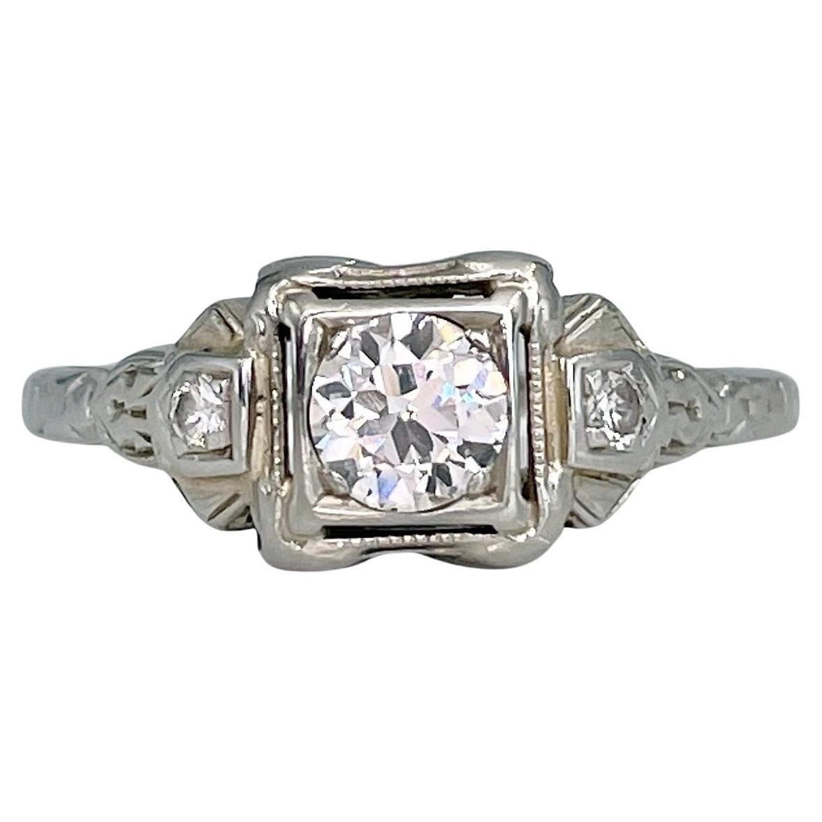 Art Deco 14 Karat White Gold 0.32 Carat Diamond Three-Stone Ring For Sale