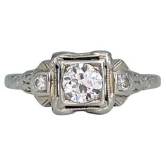 Art Deco 14 Karat White Gold 0.32 Carat Diamond Three-Stone Ring