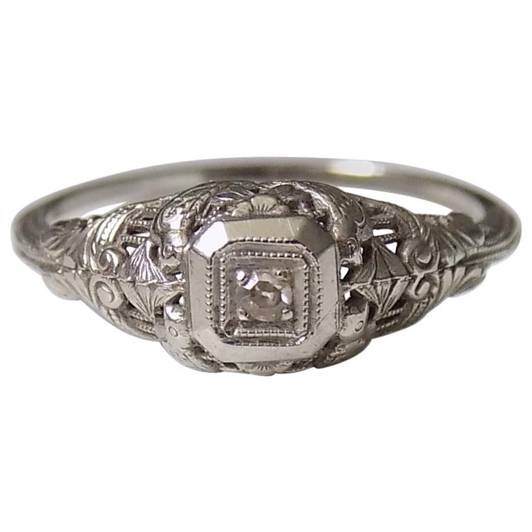 Art Deco 14 Karat White Gold and Diamond Ring
