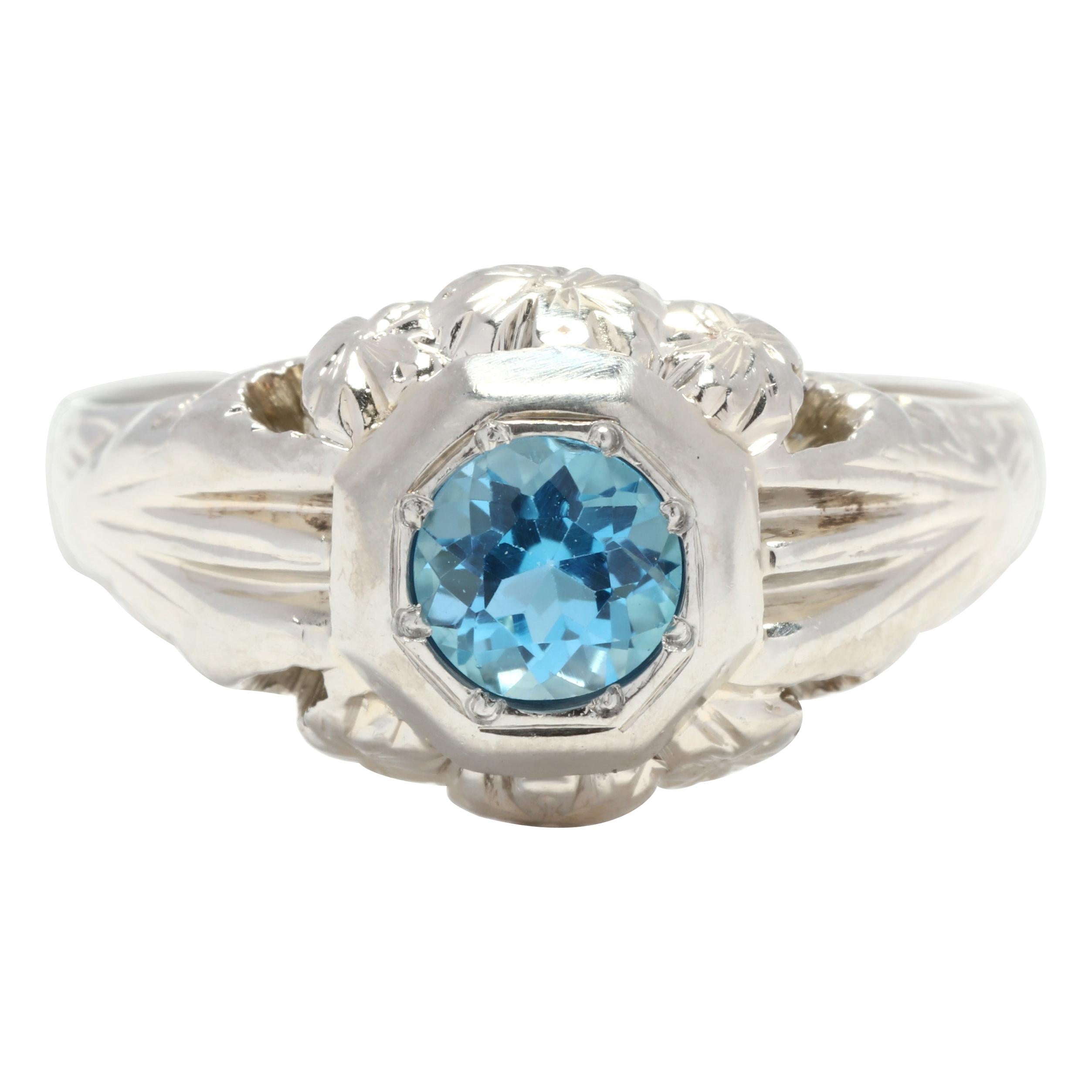 Art Deco 14 Karat White Gold Blue Topaz Floral Engagement Ring