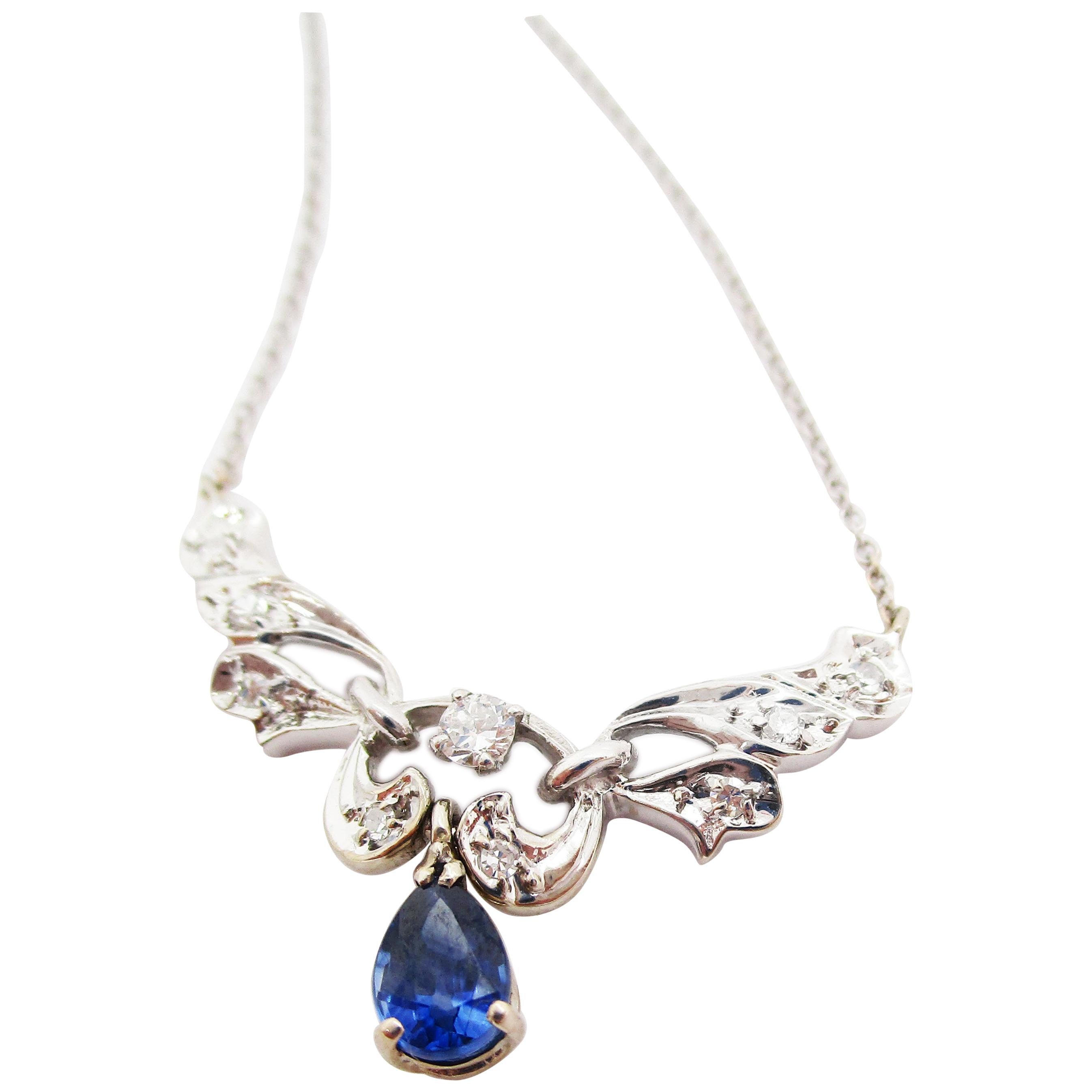 14 Karat White Gold Diamond and Blue Sapphire Necklace