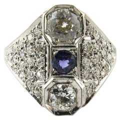 Art Deco 14 Karat White Gold Diamond and Sapphire Filigree Dinner Ring