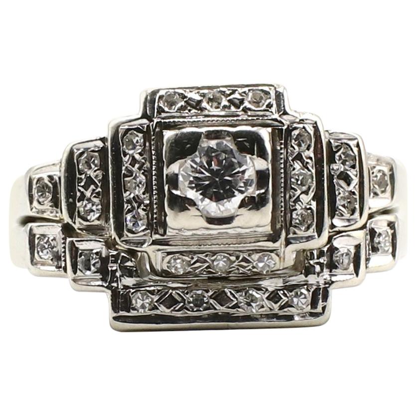 Art Deco 14 Karat White Gold Diamond Engagement Ring Wedding Set