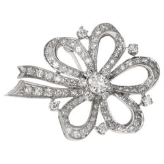 Art Deco 14 Karat White Gold Diamond Floral Bow Brooch, 2.75 Carats