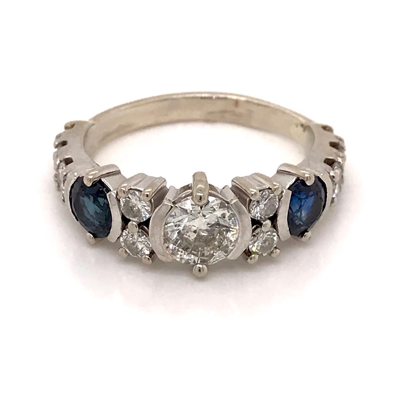 Round Cut Vintage 14k White Gold, Diamond, & Sapphire Art Deco Style Cocktail Ring For Sale