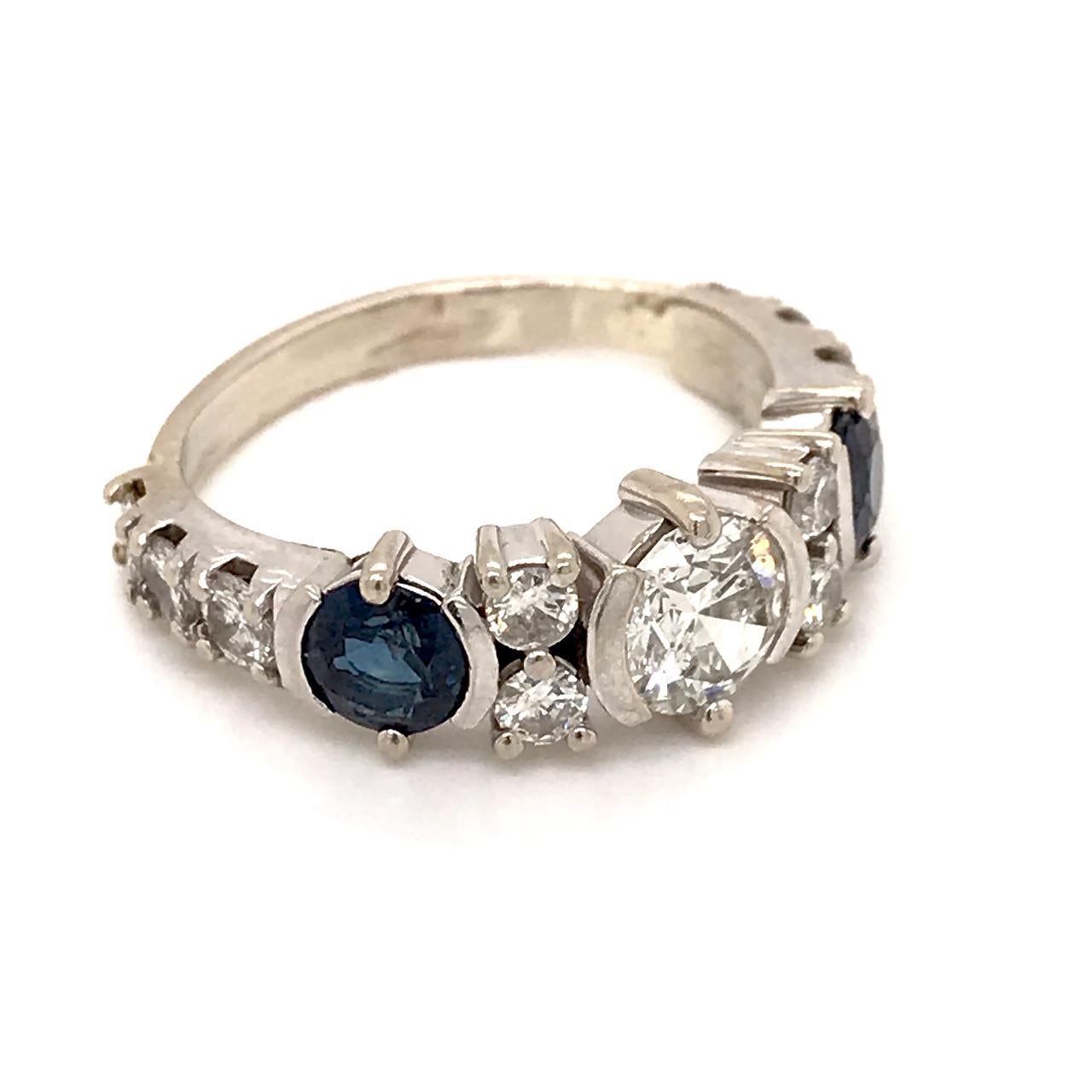 Vintage 14k White Gold, Diamond, & Sapphire Art Deco Style Cocktail Ring In Good Condition For Sale In Philadelphia, PA