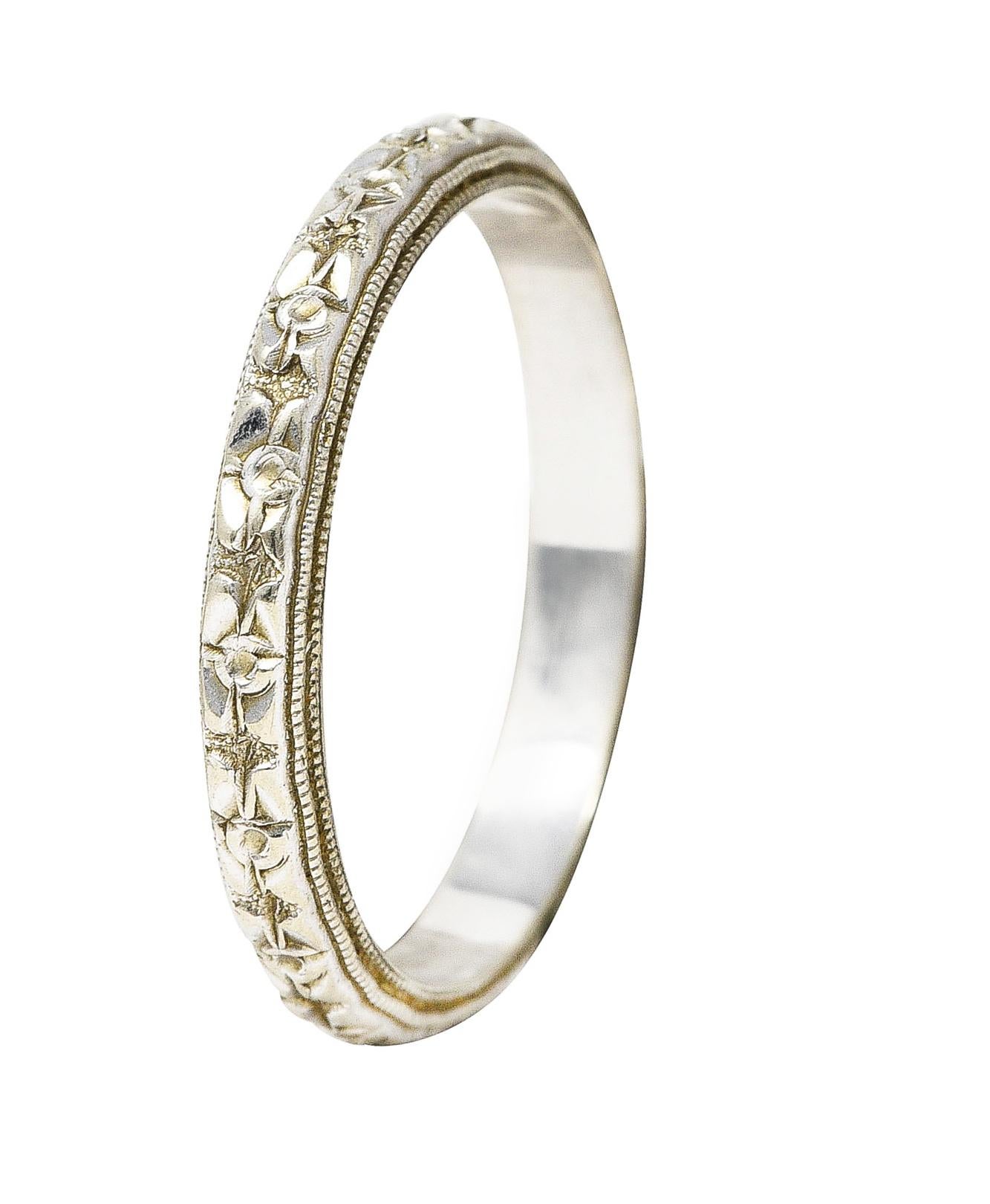 Art Deco 14 Karat White Gold Engraved Orange Blossom Wedding Band Ring 2