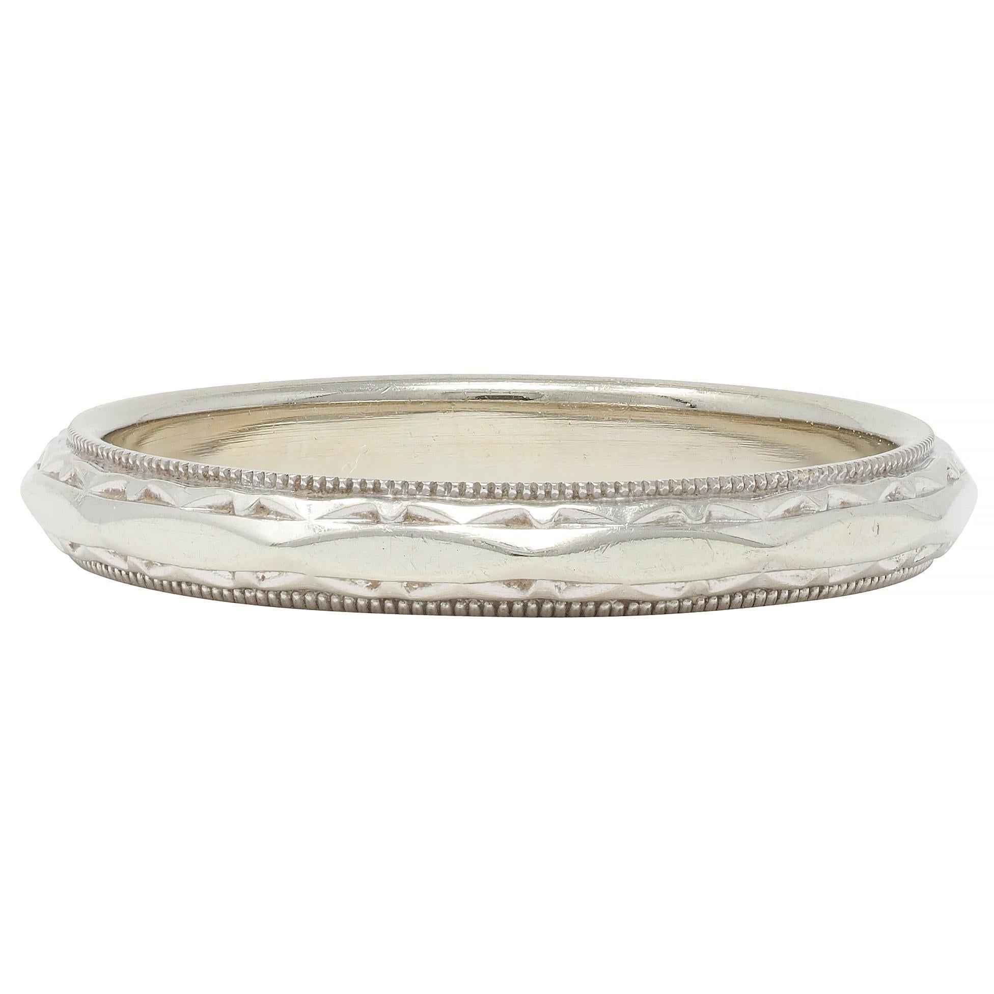 Women's or Men's Art Deco 14 Karat White Gold Faceted Anniversary Vintage Wedding Band Ring For Sale