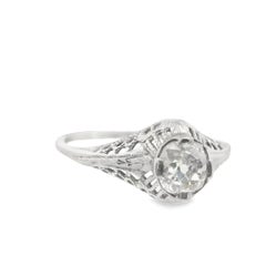Art Deco 14 Karat White Gold Filigree .7ct Old Mine Cut Diamond Engagement Ring