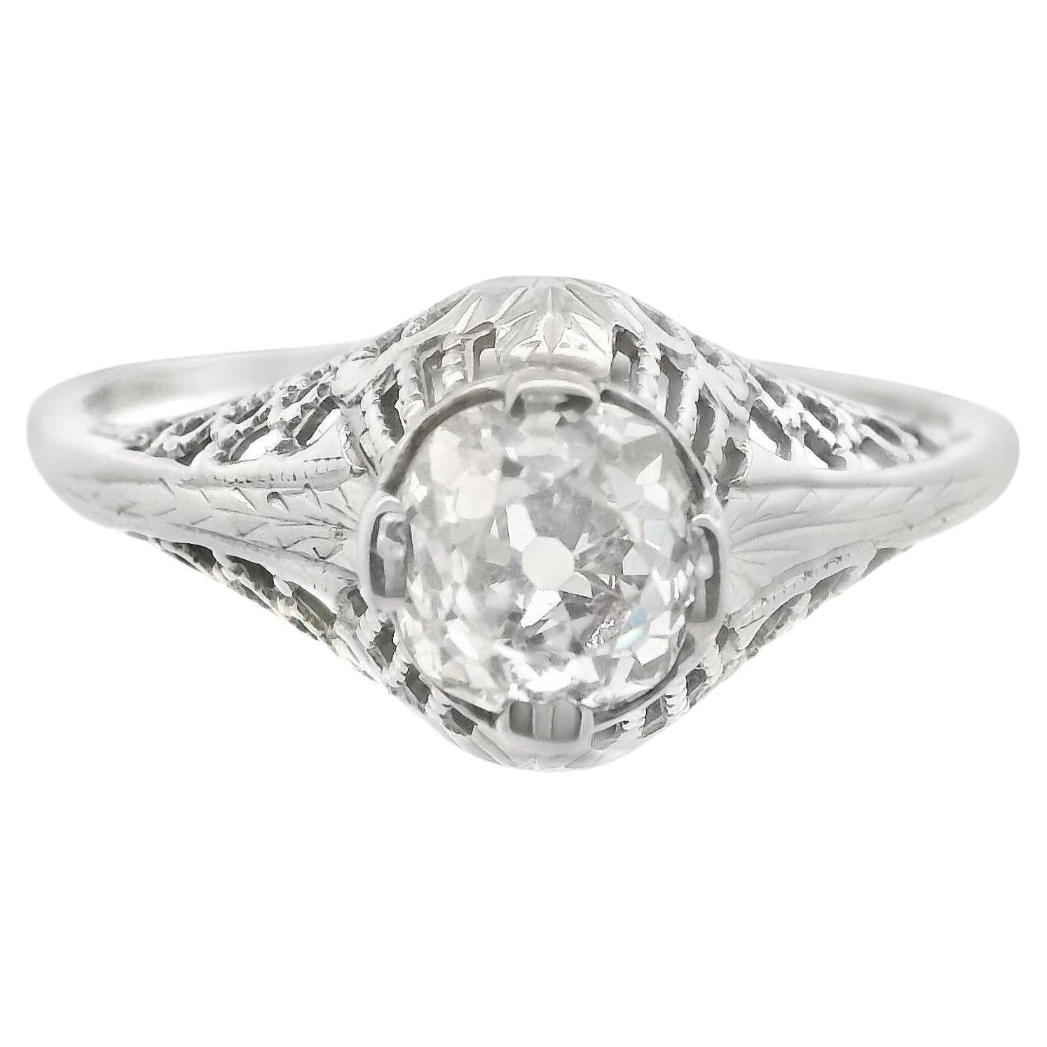 Art Deco 14 Karat White Gold Filigree .7ct Old Mine Cut Diamond Engagement Ring