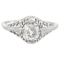 Anello di fidanzamento Art Deco in oro bianco 14 carati con filigrana e diamanti taglio Old Mine da 7 carati