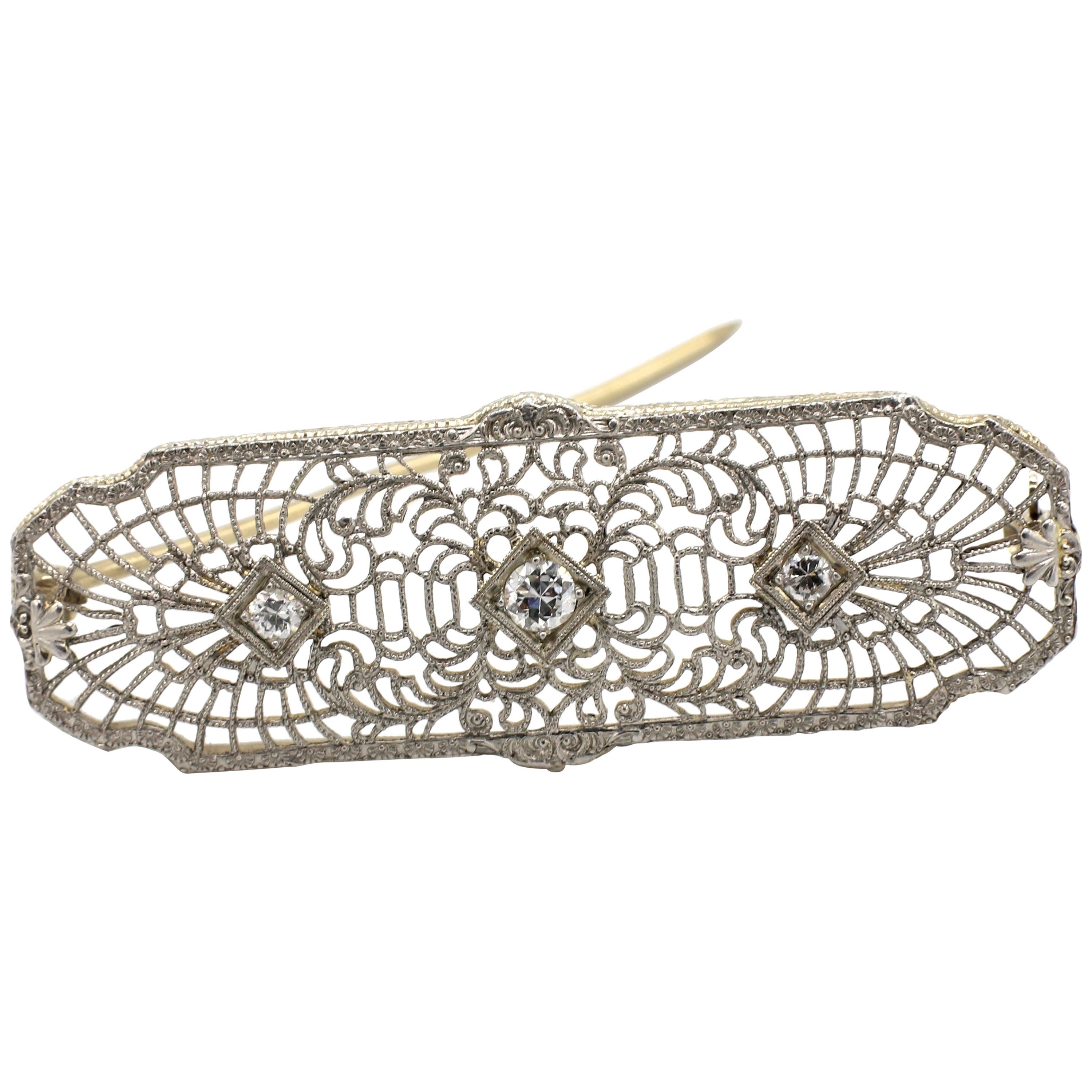 Art Deco 14 Karat White Gold Filigree Diamond Bar Pin Brooch
