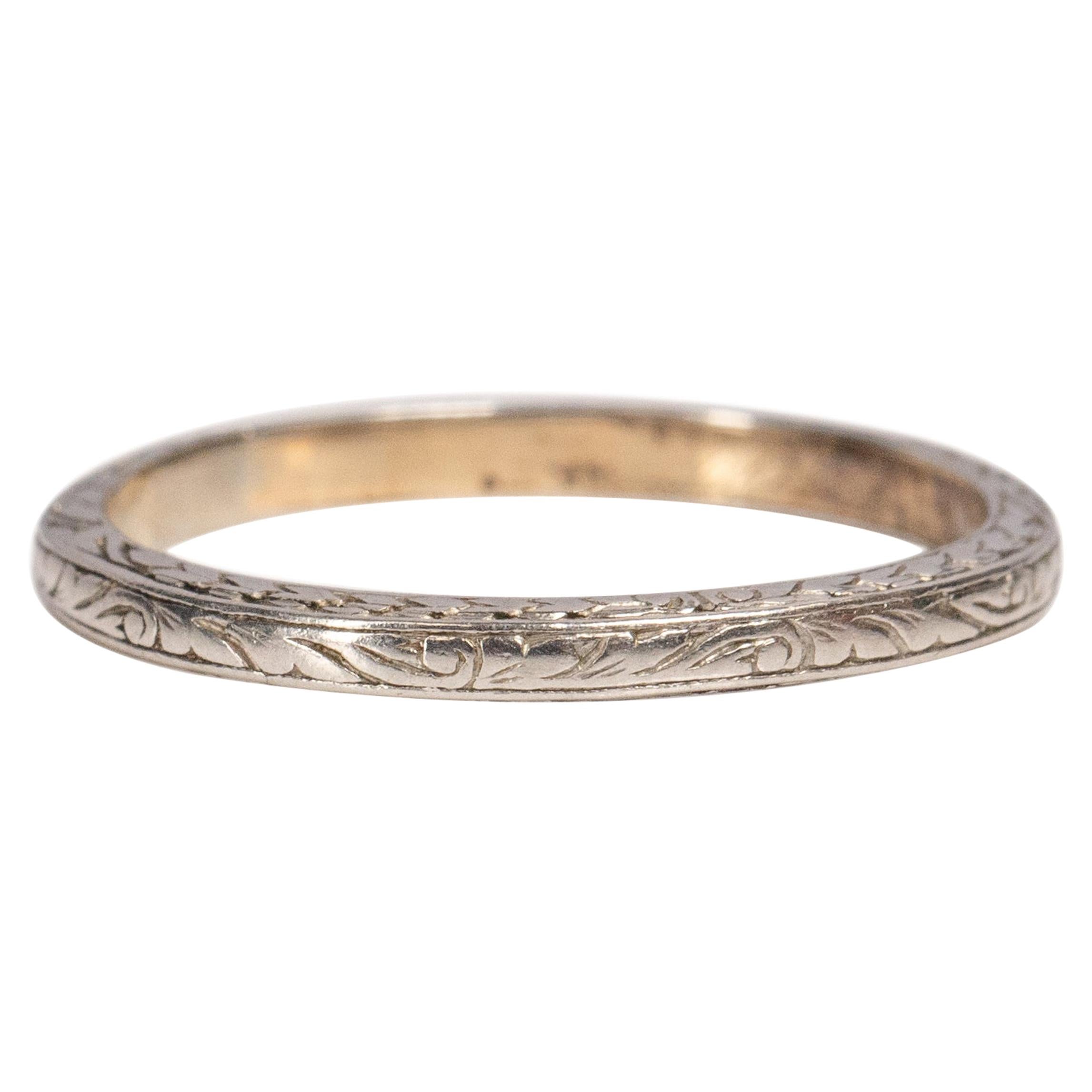 Art Deco 14 Karat White Gold Filigree Engraved Vintage Band