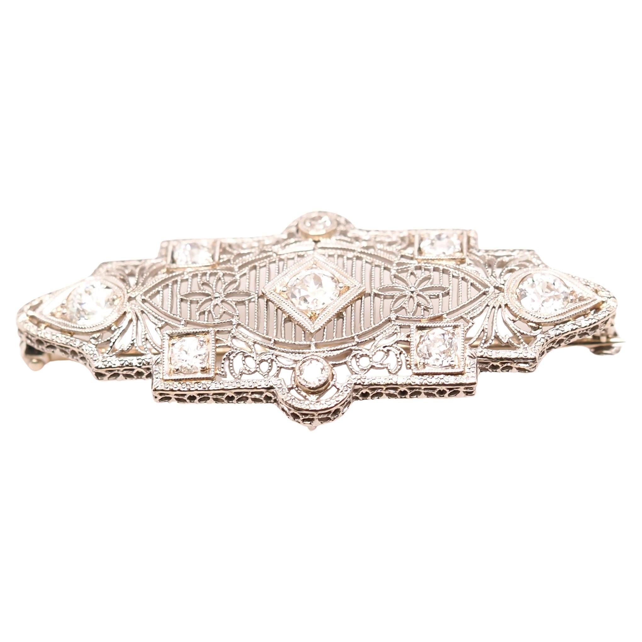 Art Deco 14 Karat White Gold Filigree Old European Diamond Brooch
