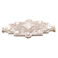 Antique Art Deco 14 Karat White Gold Filigree Old European Diamond Brooch