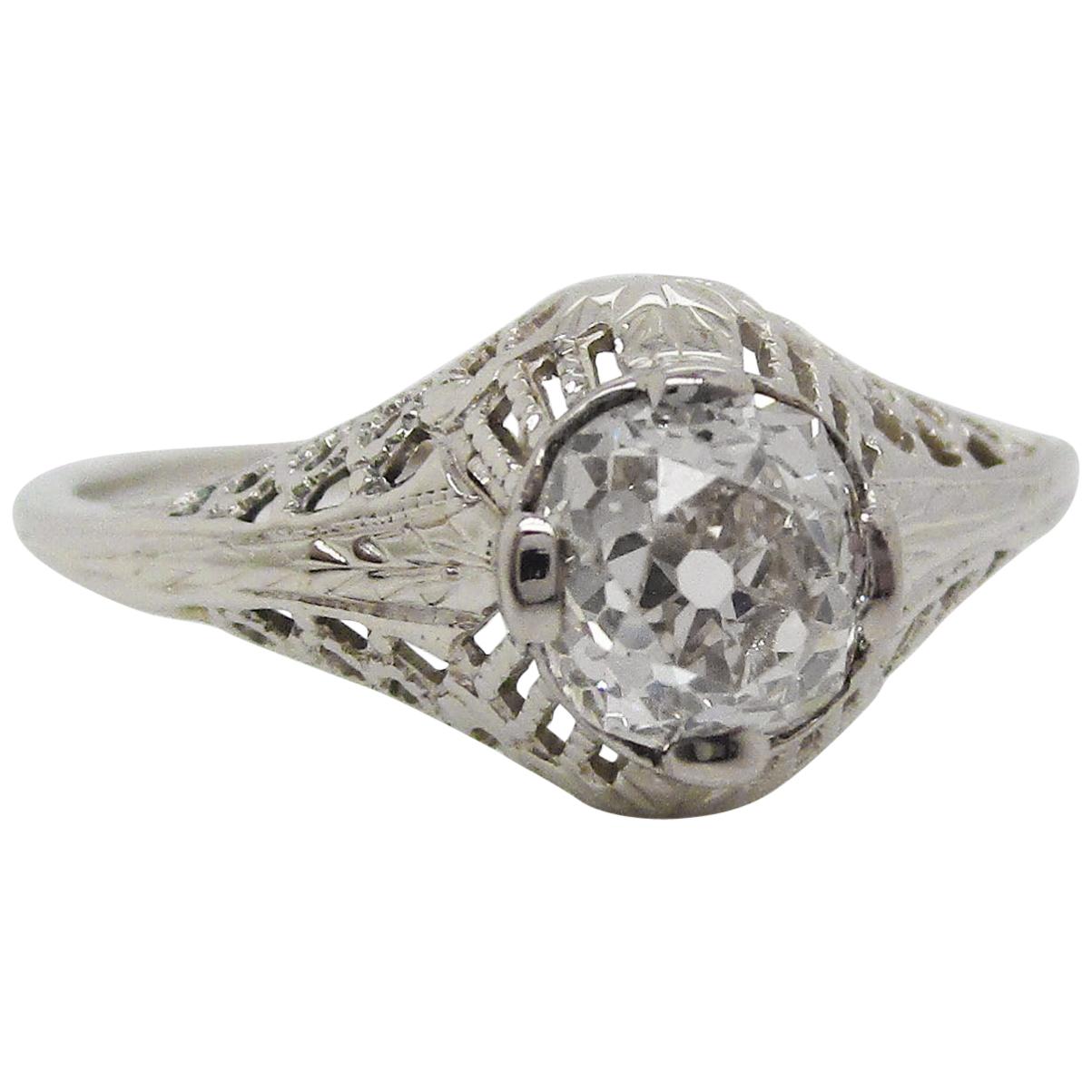 Art Deco 14 Karat White Gold Filigree Old Mine Cut Diamond Engagement Ring