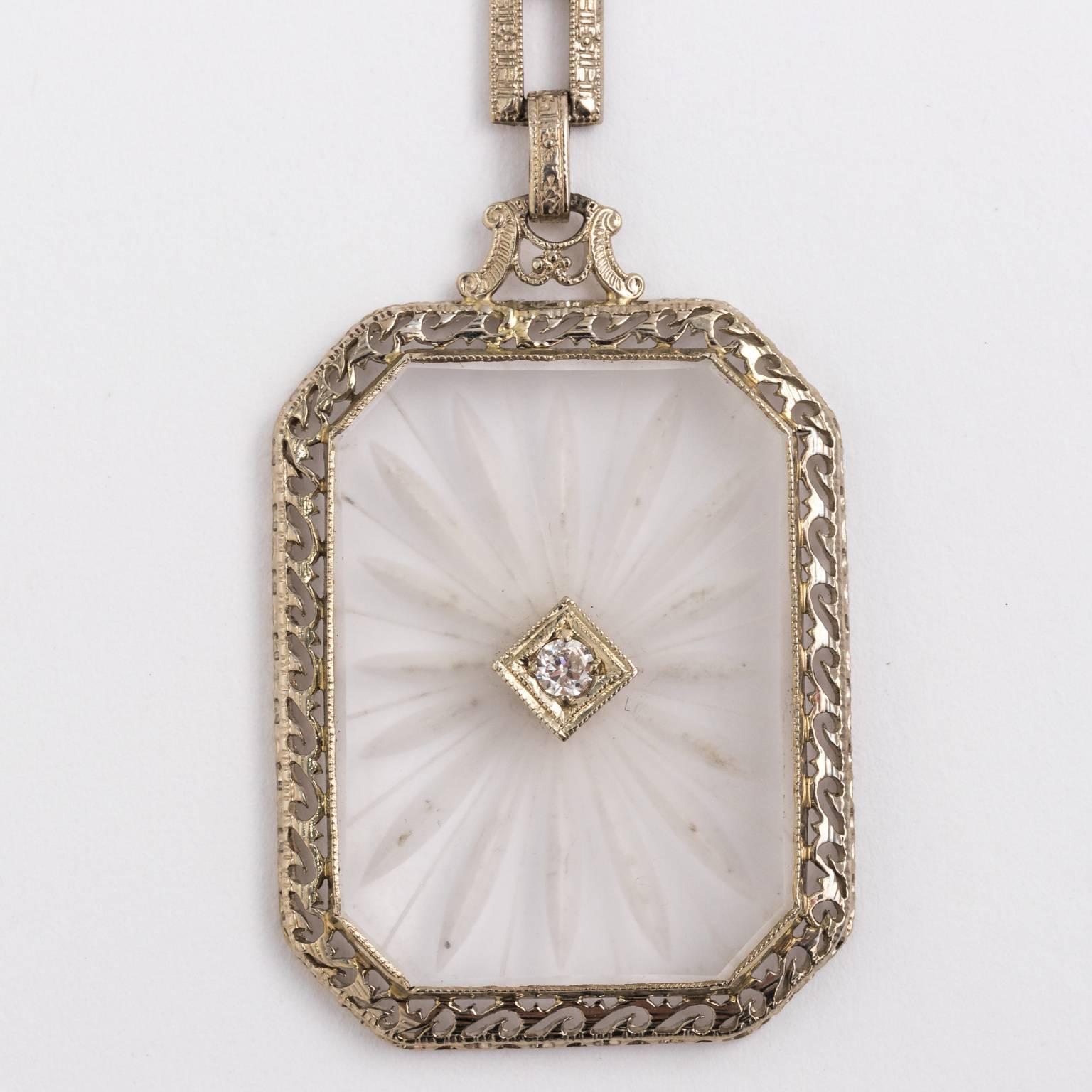 Art Deco 14 Karat White Gold Filigree Rock Crystal Diamond Necklace For Sale 6