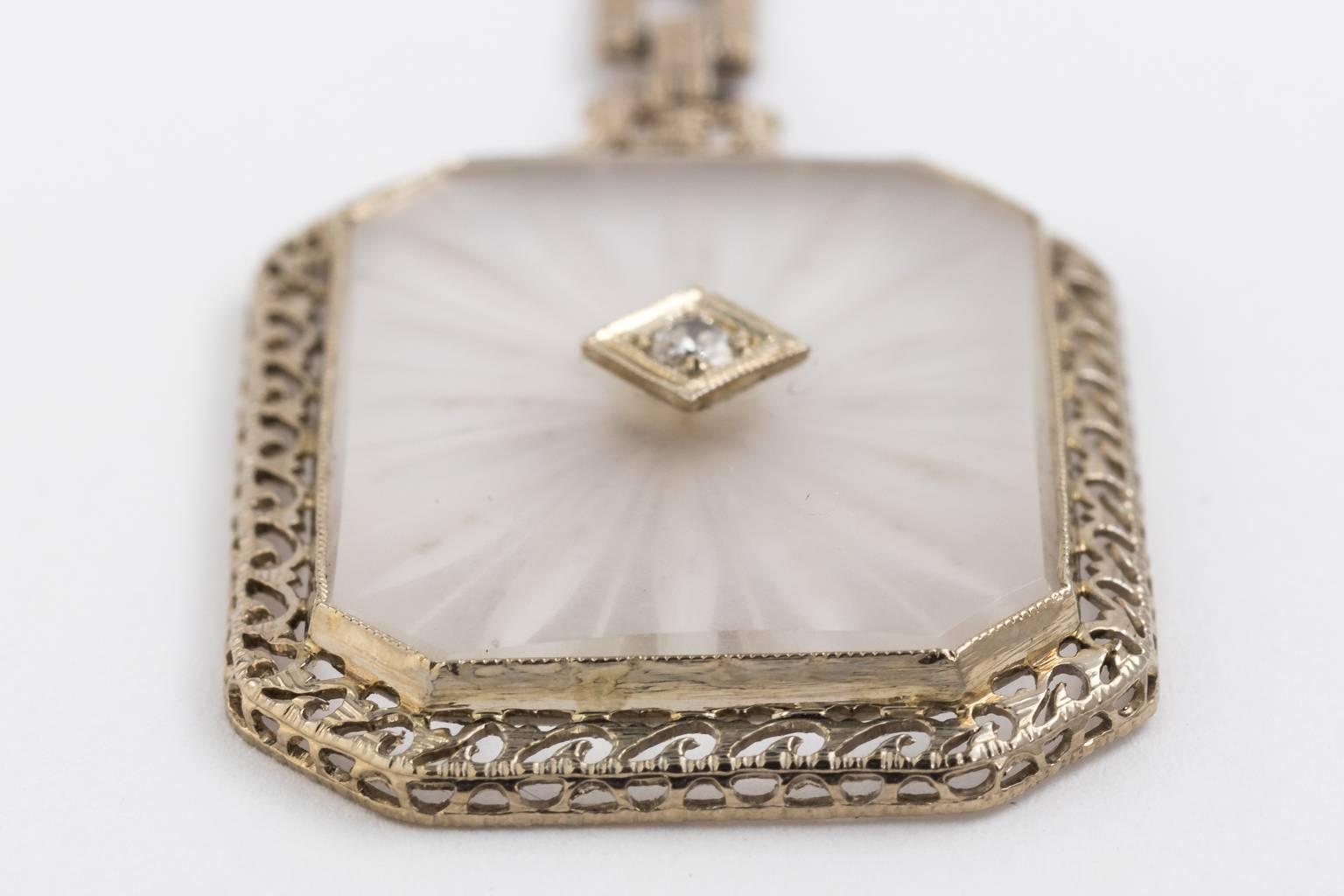 Art Deco 14 Karat White Gold Filigree Rock Crystal Diamond Necklace In Good Condition For Sale In St.amford, CT