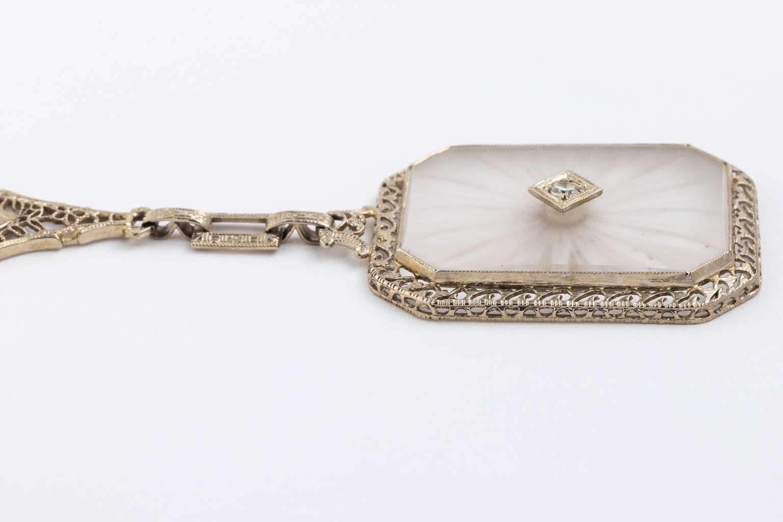 Art Deco 14 Karat White Gold Filigree Rock Crystal Diamond Necklace For Sale 1