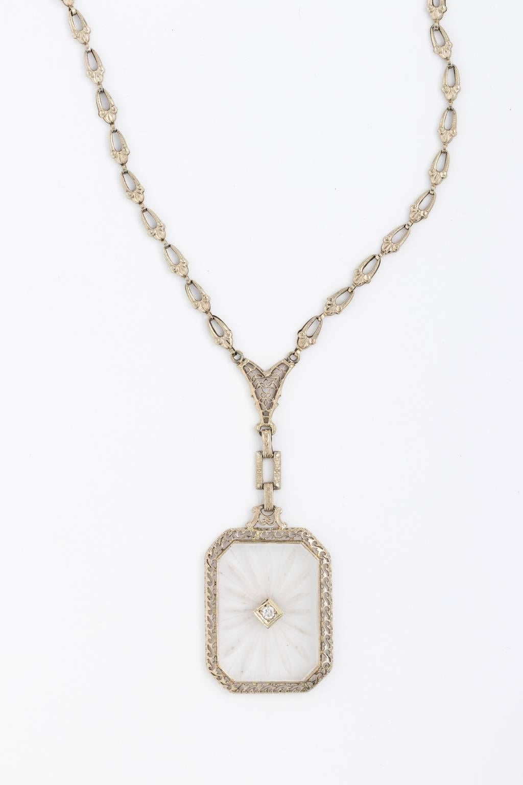 Art Deco 14 Karat White Gold Filigree Rock Crystal Diamond Necklace For Sale 5