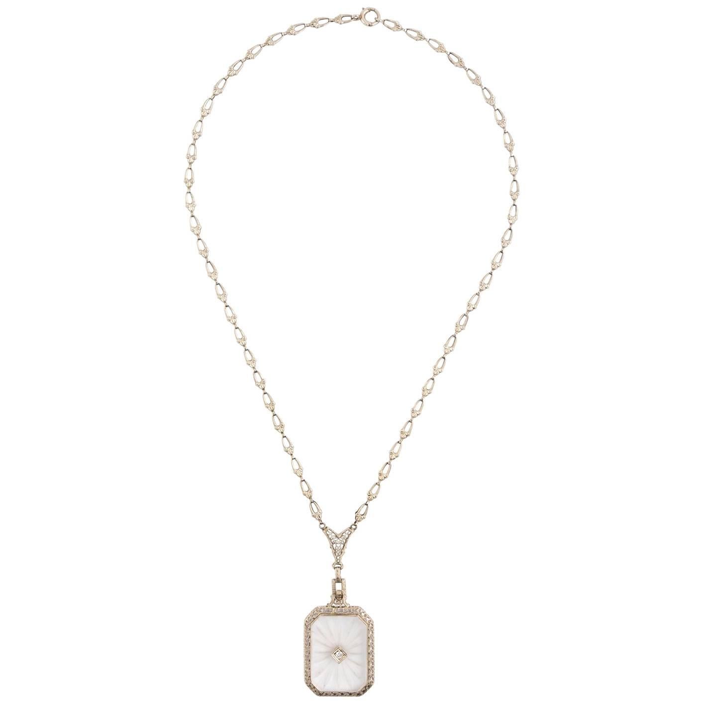 Art Deco 14 Karat White Gold Filigree Rock Crystal Diamond Necklace For Sale