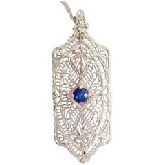 Art Deco 14 Karat White Gold Filigree Sapphire Pin Pendant