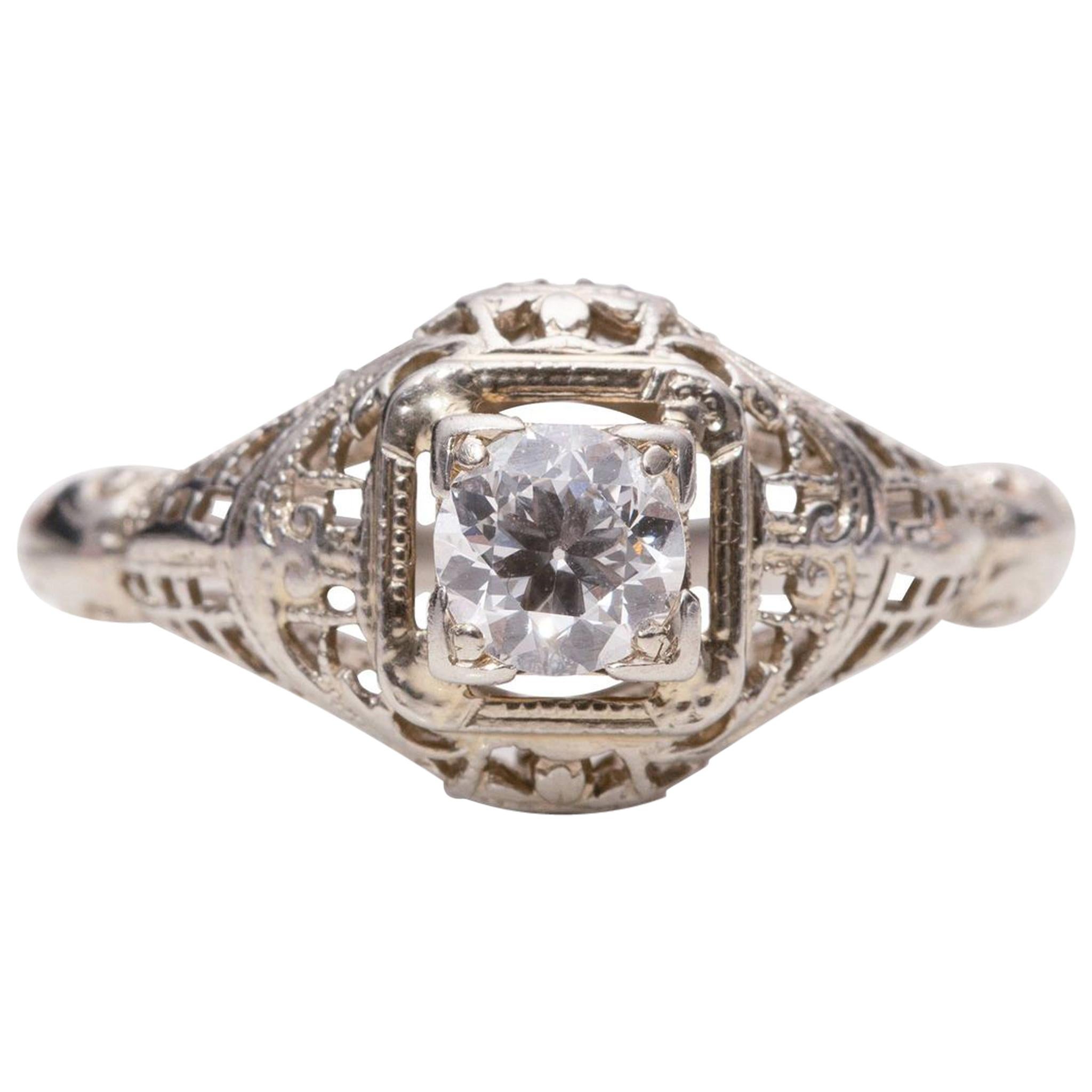 Art Deco 14 Karat White Gold Filigree Vintage Solitaire Diamond Ring