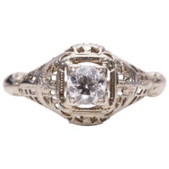 Art Deco 14 Karat Weißgold Filigraner Vintage Solitär Diamant-Ring