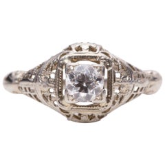 Art Deco 14 Karat White Gold Filigree Vintage Solitaire Diamond Ring