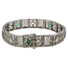 Art Deco 14 Karat White Gold Natural Diamond & Emerald Filigree Bracelet