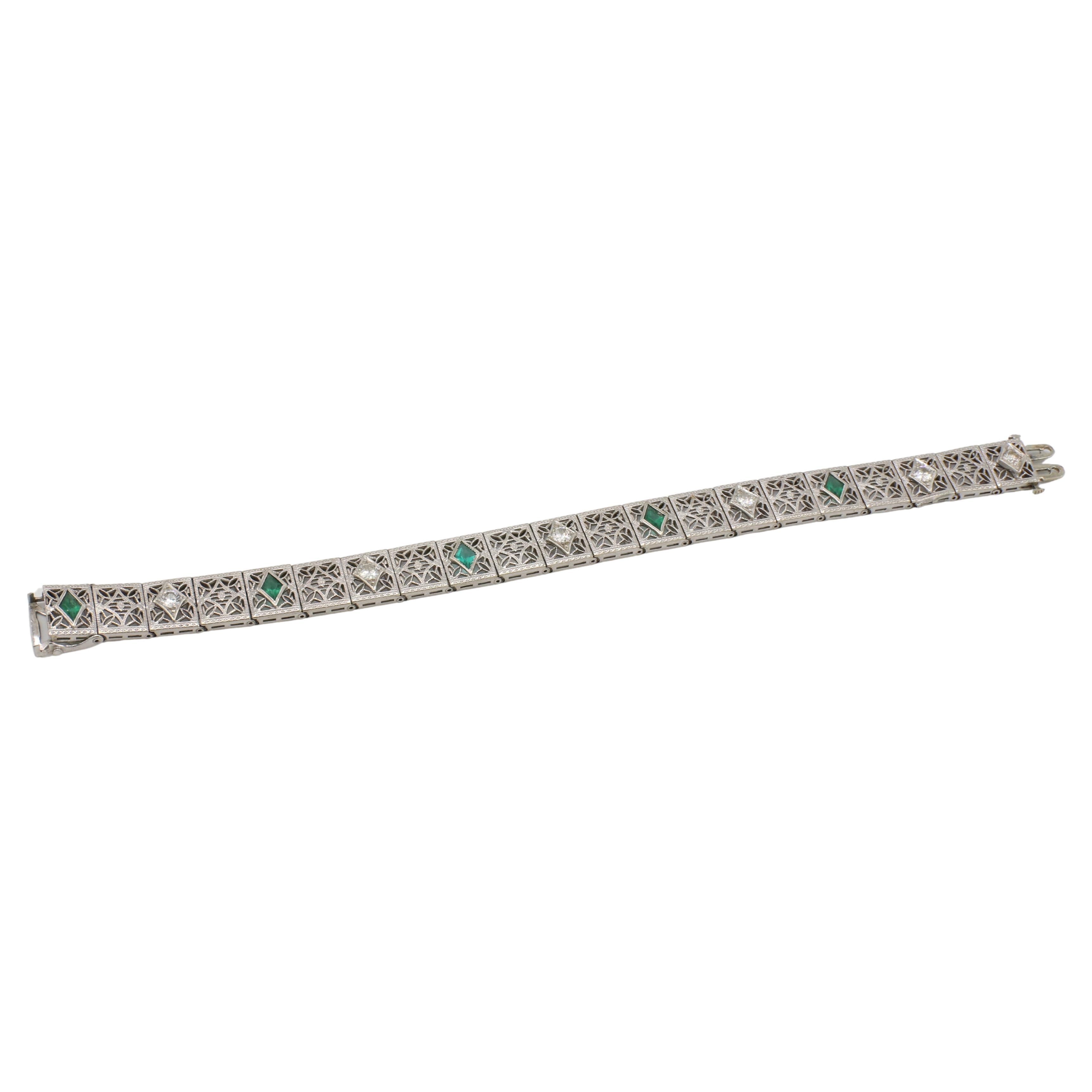 Art Deco 14 Karat White Gold Natural Diamond & Emerald Filigree Bracelet In Excellent Condition For Sale In  Baltimore, MD
