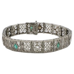 Art Deco 14 Karat White Gold Natural Diamond 
Emerald Filigree Bracelet