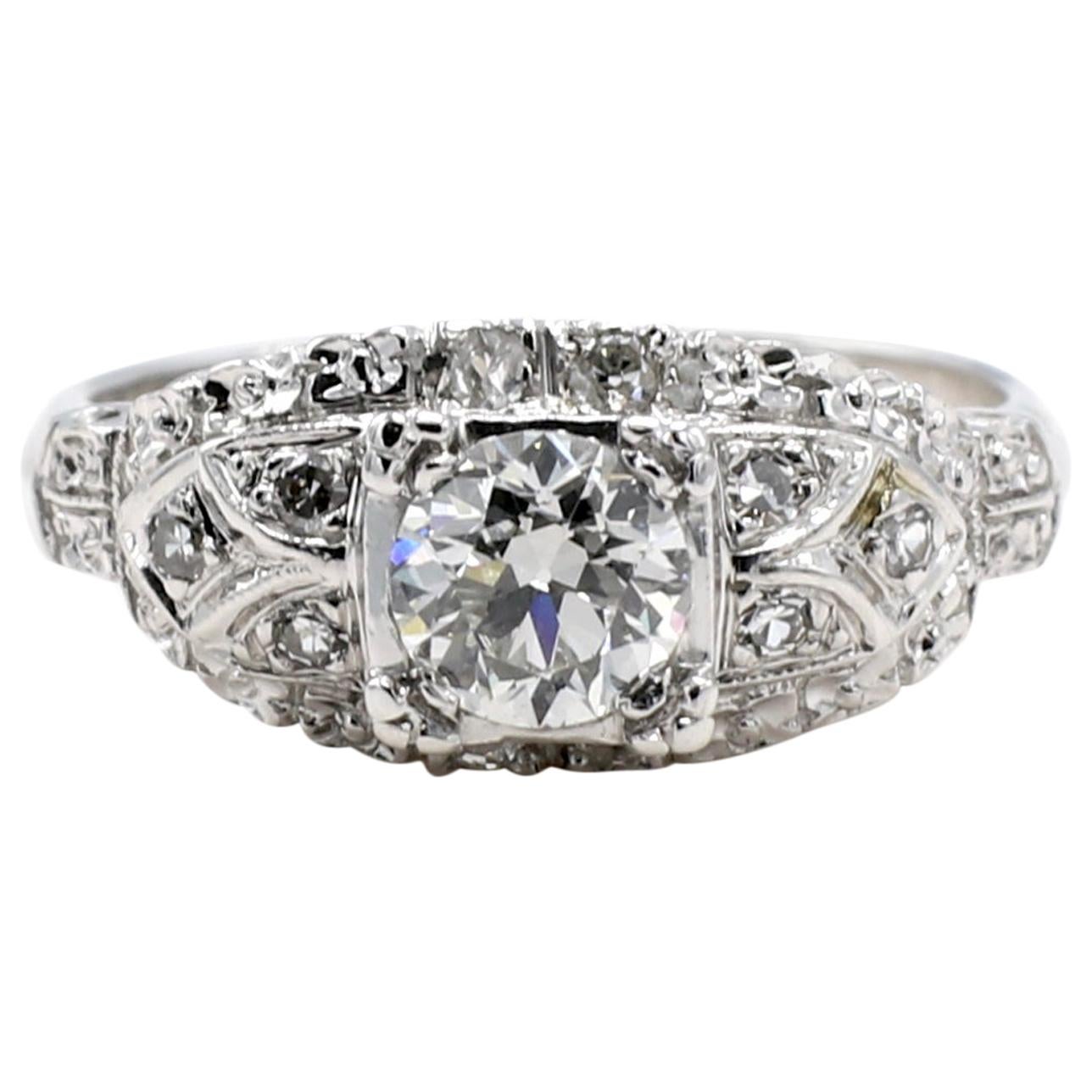 Art Deco 14 Karat White Gold Old European Cut Diamond Engagement Ring