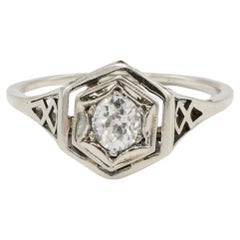 Antique Art Deco 14 Karat White Gold Old Mine Cut Natural Diamond Ring 