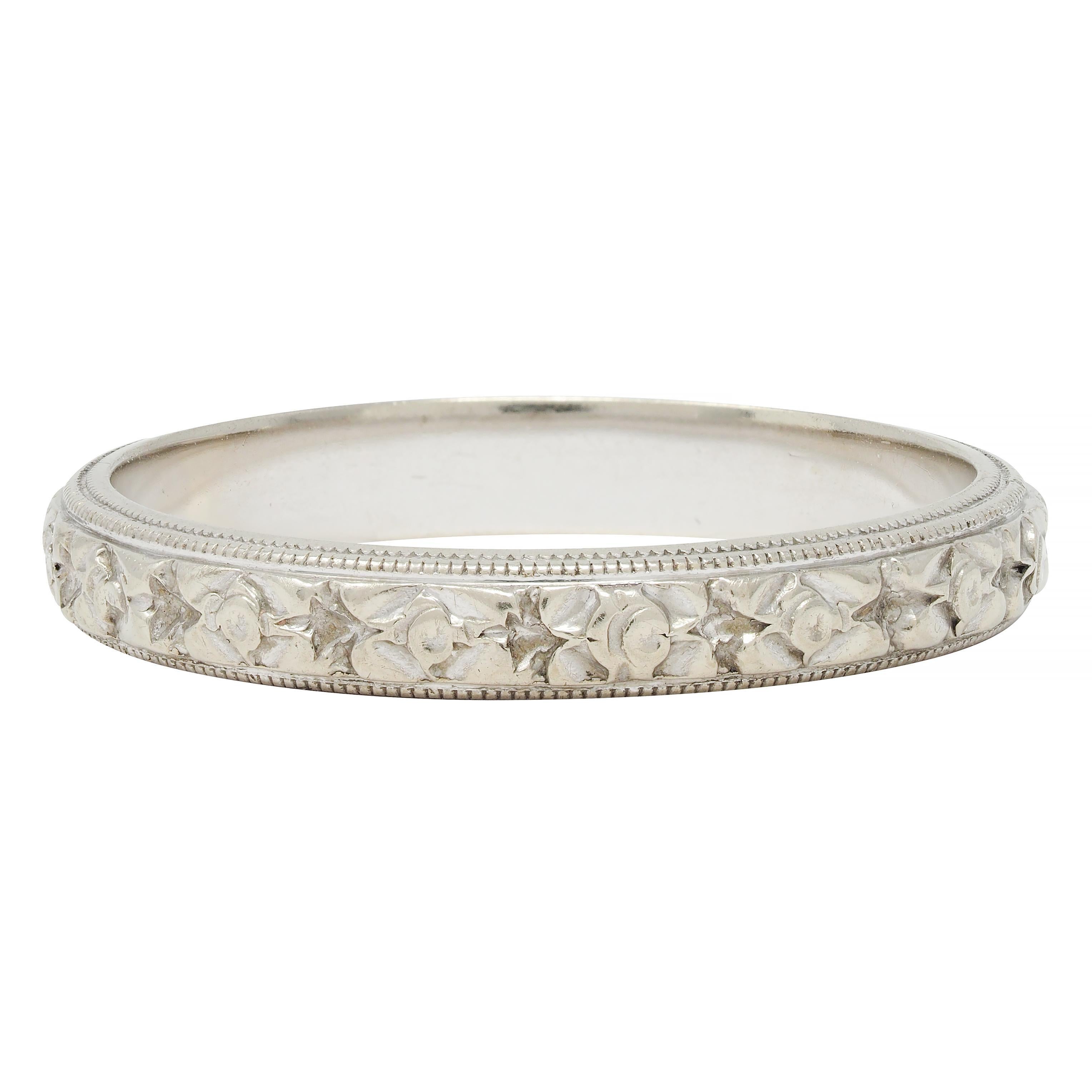 Women's or Men's Art Deco 14 Karat White Gold Orange Blossom Vintage Wedding Band Ring For Sale