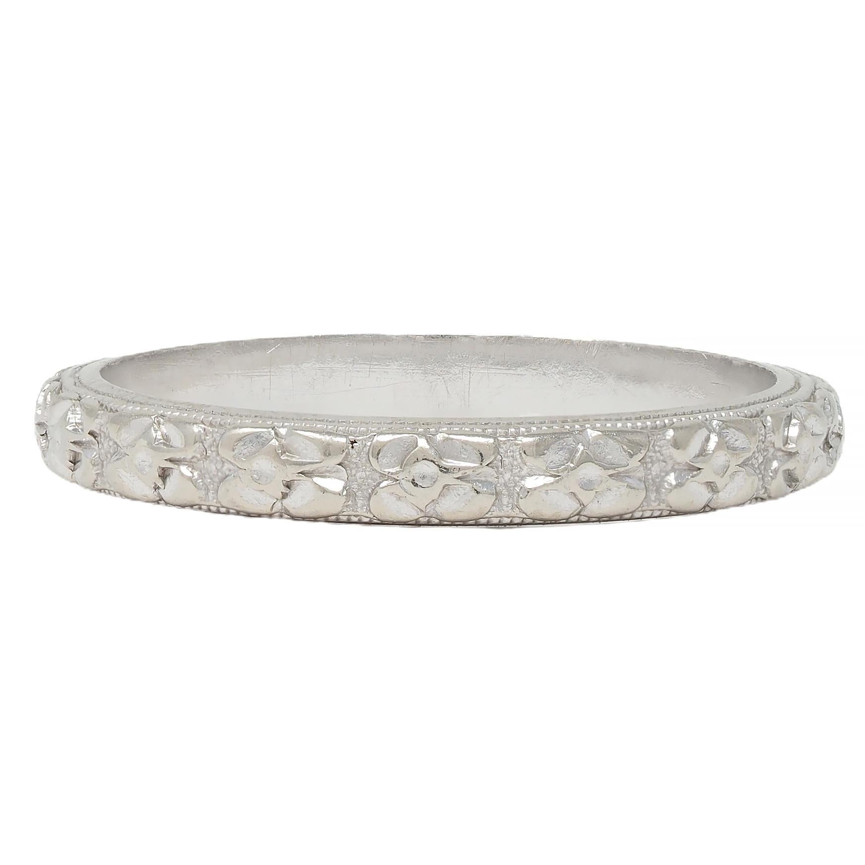 Art Deco 14 Karat White Gold Orange Blossom Vintage Wedding Band Ring Unisexe en vente