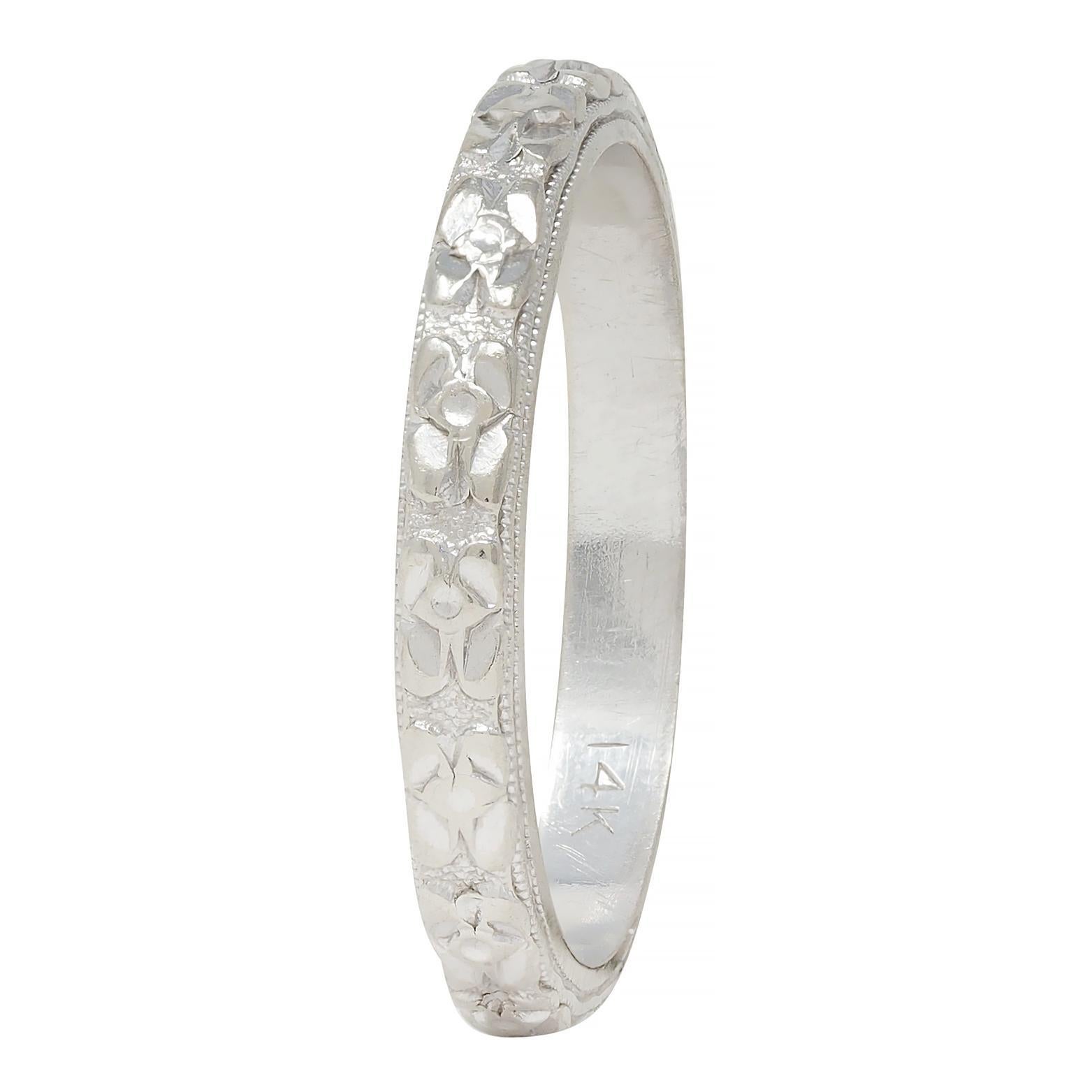 Art Deco 14 Karat White Gold Orange Blossom Vintage Wedding Band Ring en vente 2