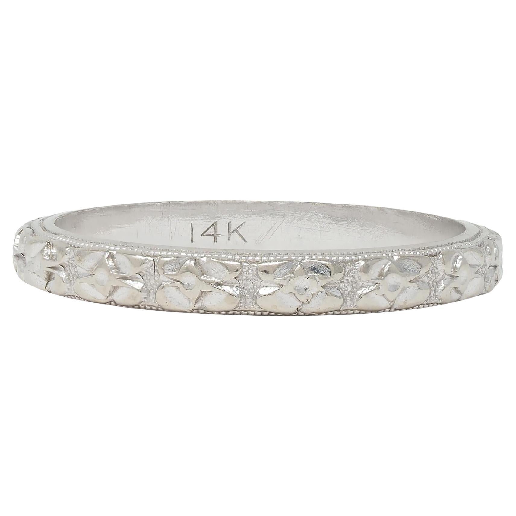 Art Deco 14 Karat White Gold Orange Blossom Vintage Wedding Band Ring