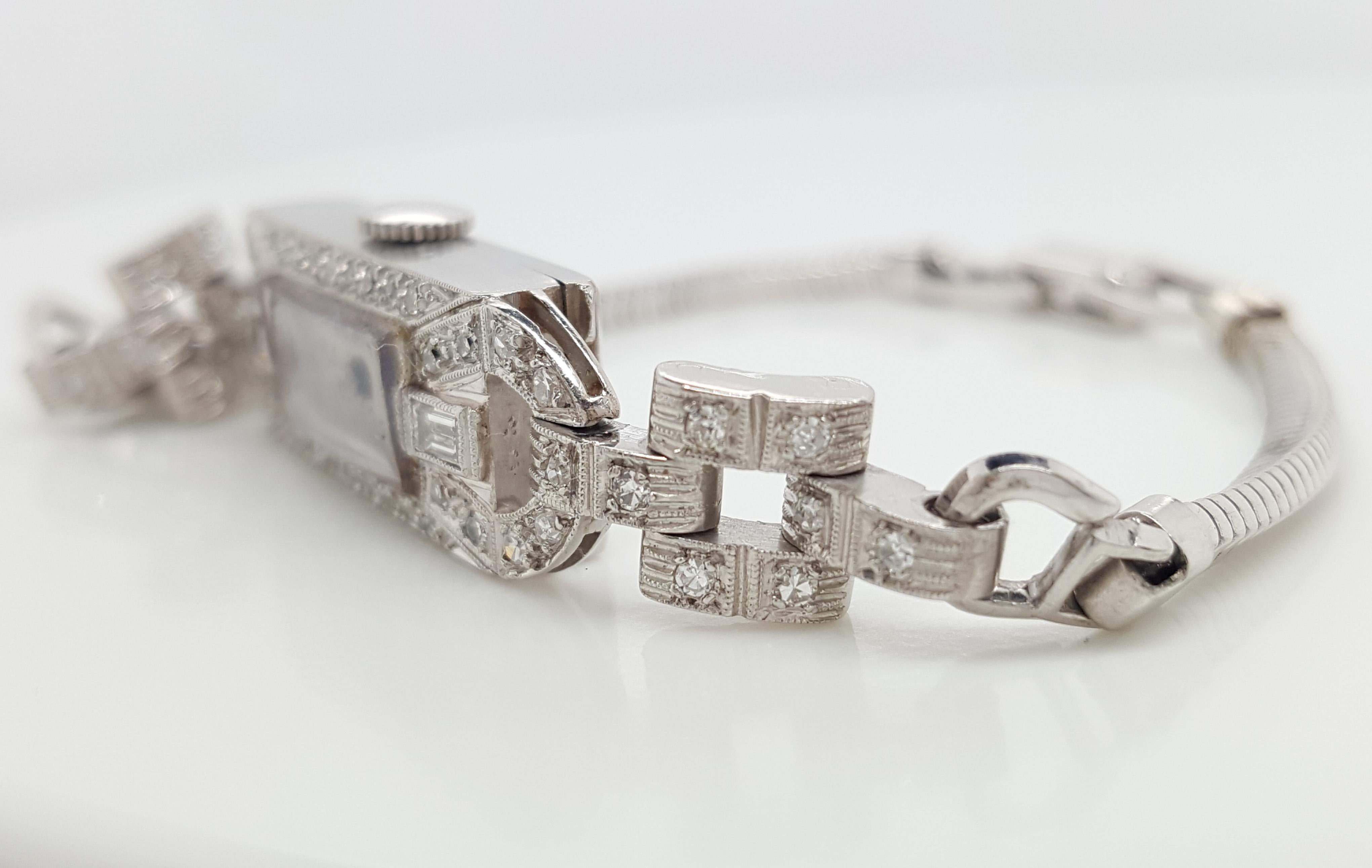 Art Deco Style 14 Karat White Gold Platinum Diamond Ladies Swiss Wristwatch 5