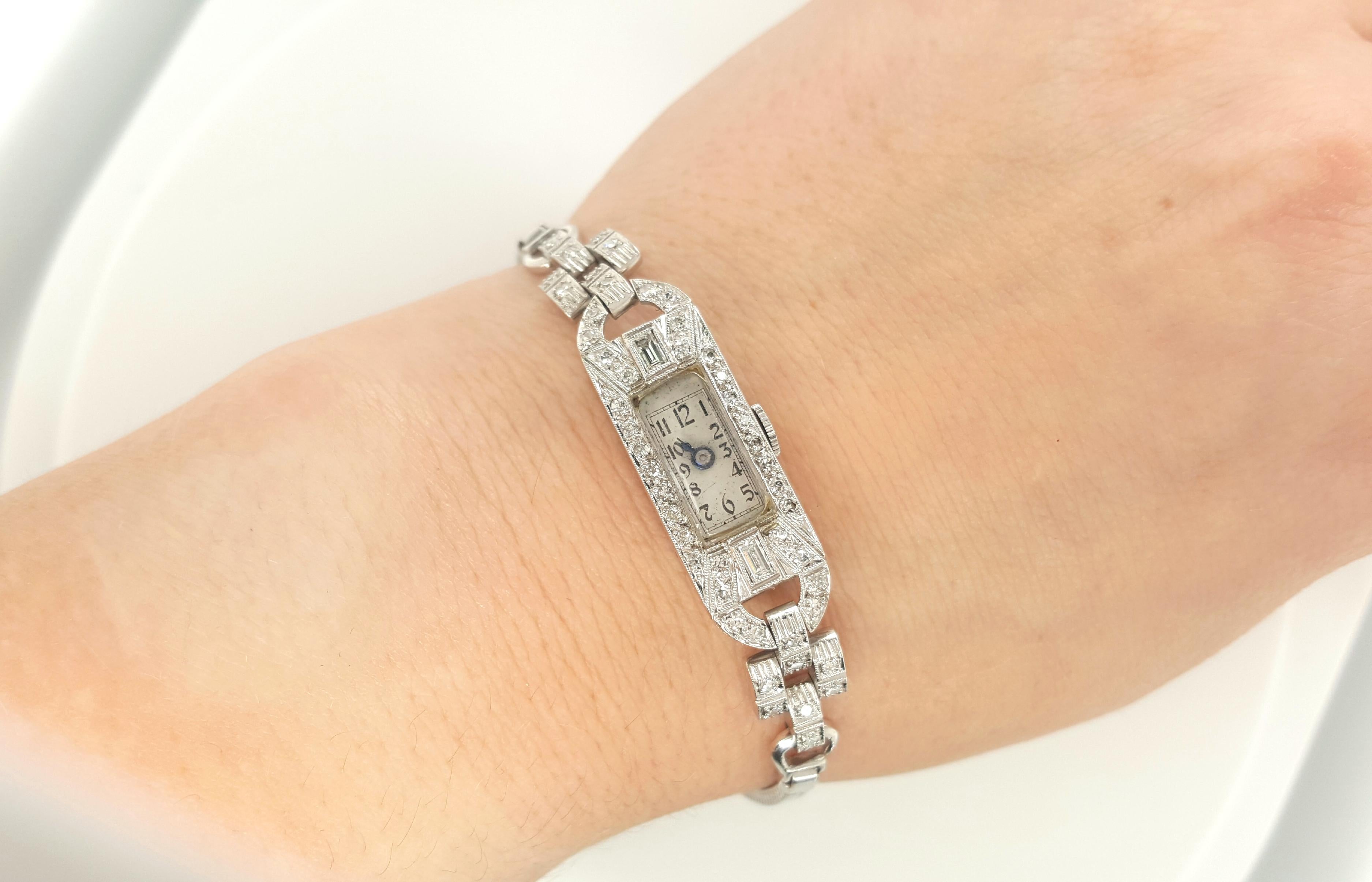 Round Cut Art Deco Style 14 Karat White Gold Platinum Diamond Ladies Swiss Wristwatch