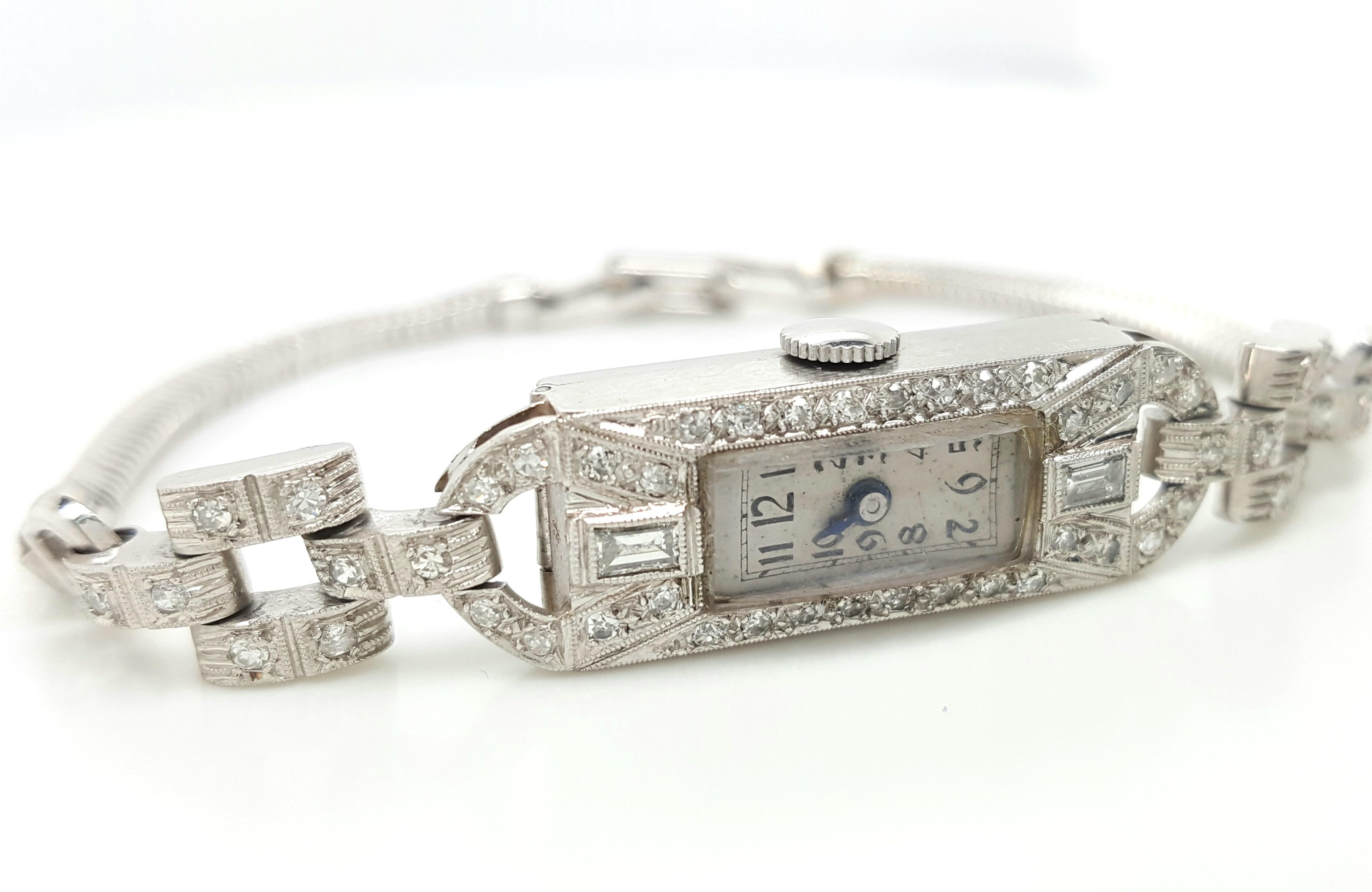 Art Deco Style 14 Karat White Gold Platinum Diamond Ladies Swiss Wristwatch In Good Condition In Addison, TX