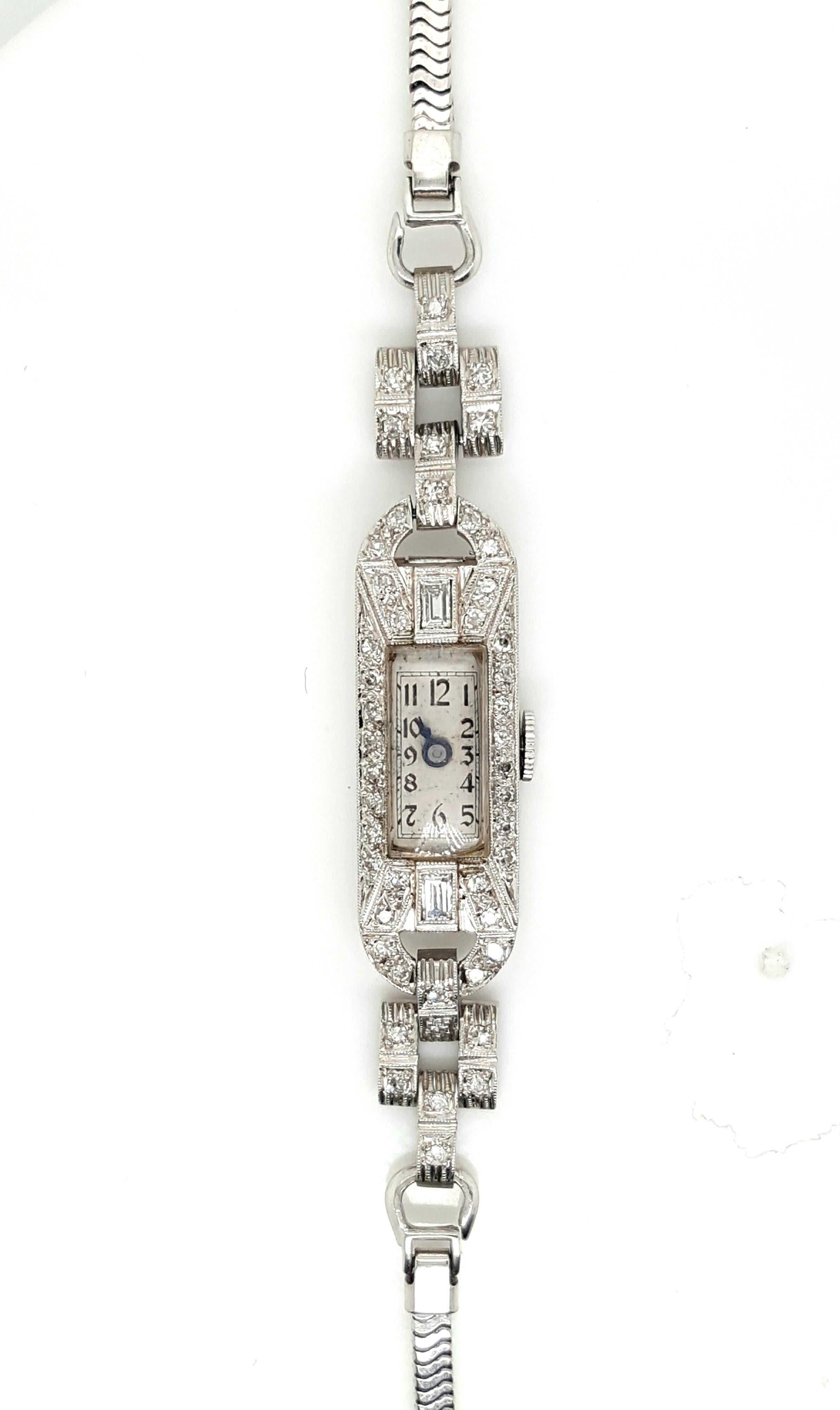 Women's Art Deco Style 14 Karat White Gold Platinum Diamond Ladies Swiss Wristwatch